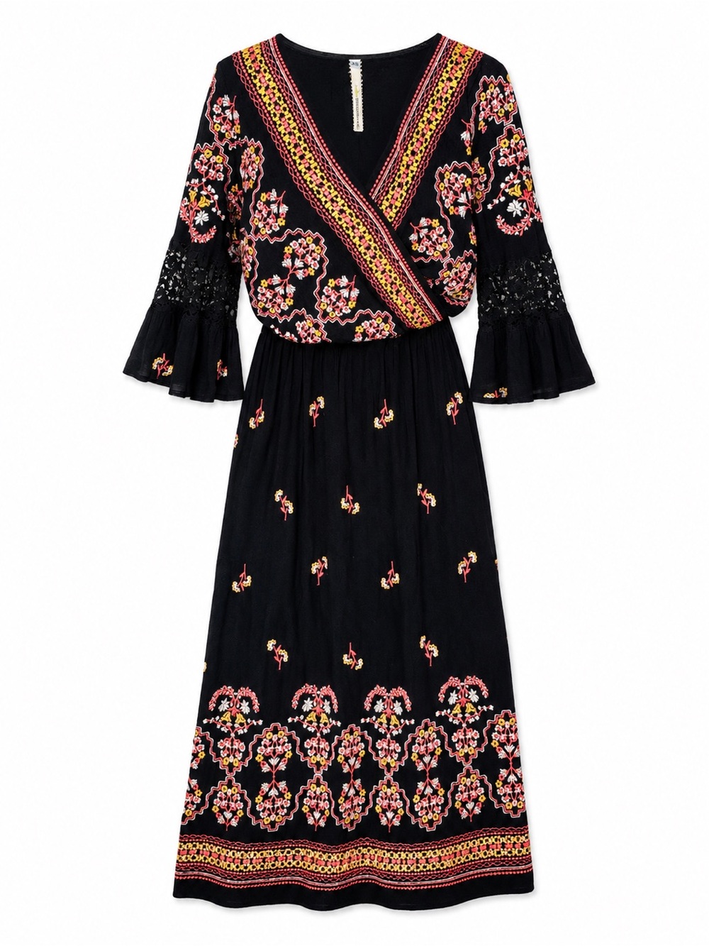 Uncle Frank XS Embroidered Maxi Dress Boho Folk Bell Sleeve Festival
